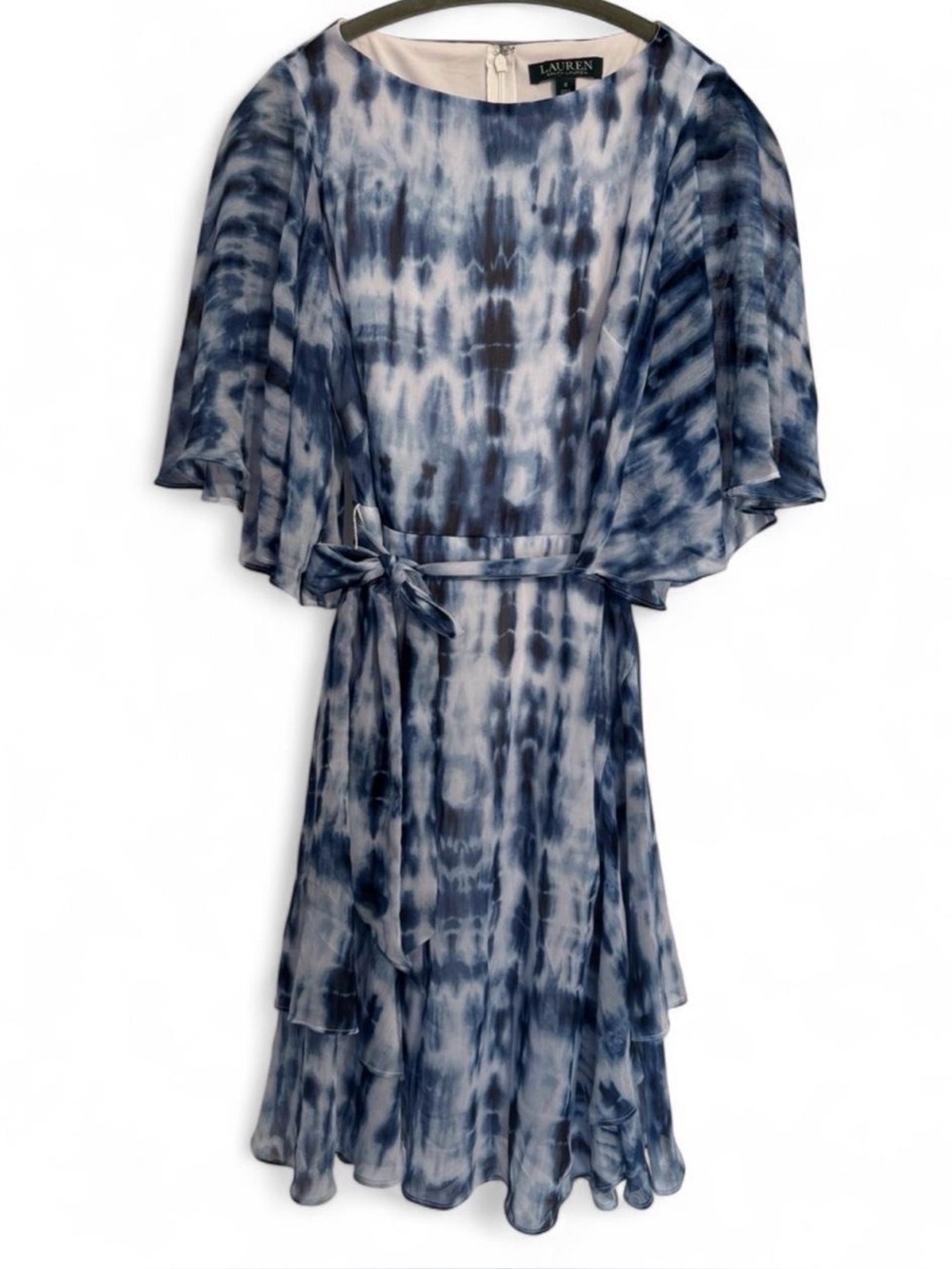 Ralph Lauren Blue and White Tie-Dye Georgette Midi Dress with Flutter Sleeves